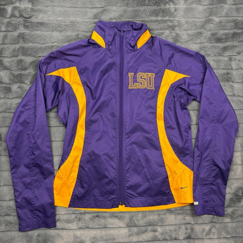Nike LSU Tigers Windbreaker Jacket Womens Small Purple Gold Full Zip NCAA 8252